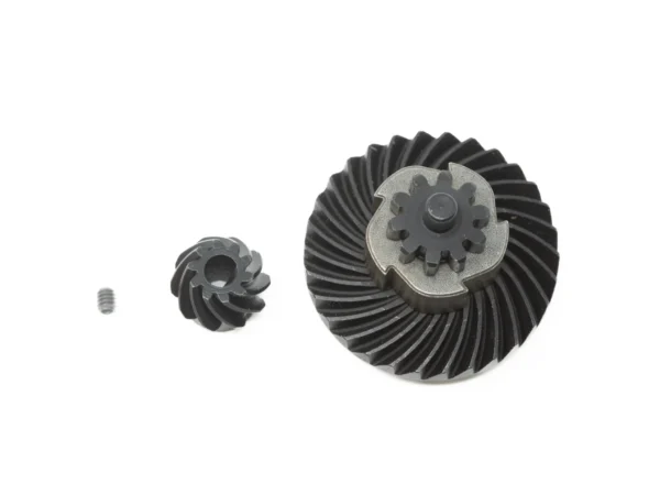 Helical bevel gear with 10 straight teeth on the upper side